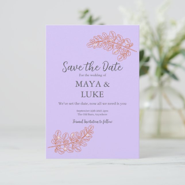 Modern Gold leaves Violet Save The Date (Standing Front)