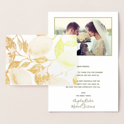 Modern Gold Lemon  Leaves Wedding Thank you Real Foil Card