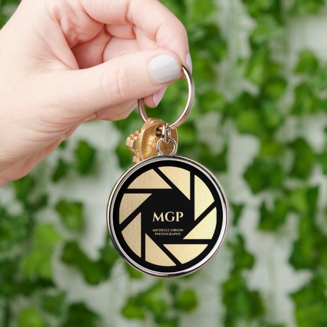 Modern Gold Lens Monogram Photographer Premium Keychain (Hand)