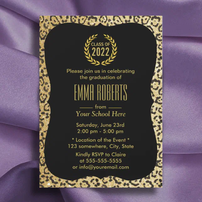 Leopard Graduation Invitations Modern Gold Leopard Print Class of 2022 Graduation Invitation | Zazzle