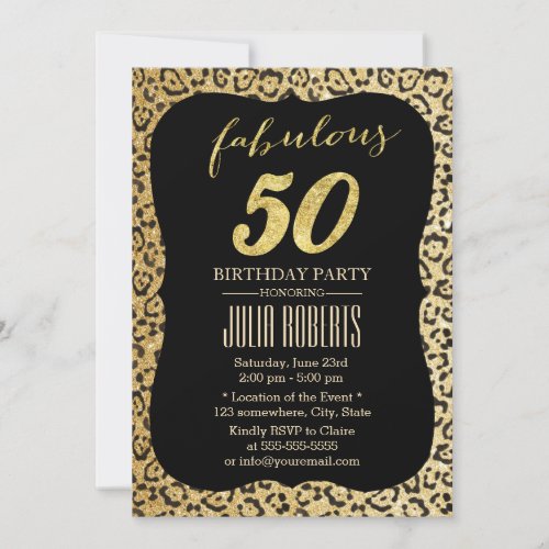 Modern Gold Leopard Print Fabulous 50 Birthday Invitation