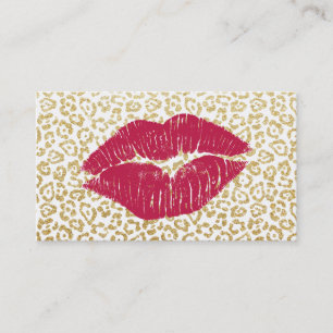 Modern Gold Leopard Print Red Kiss Makeup Artist Business Card