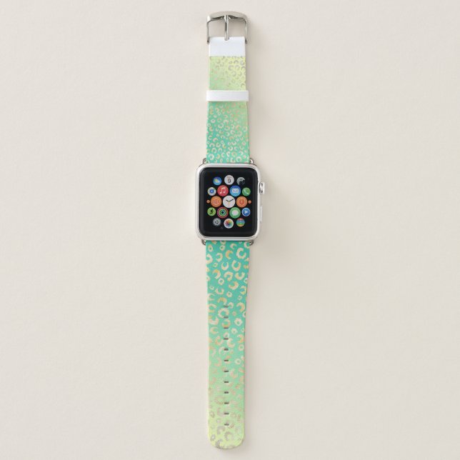 Modern Gold Leopard Print Yellow Mint Gradient Apple Watch Band (Front)