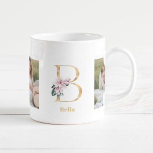 Modern Gold Letter B Flower Two Photo Monogram Coffee Mug
