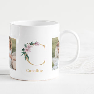 Modern Gold Letter C Flower Two Photo Monogram Coffee Mug
