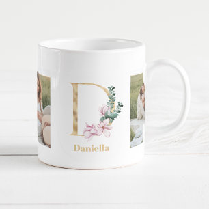 Modern Gold Letter D Flower Two Photo Monogram Coffee Mug