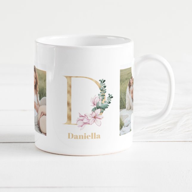 Modern Gold Letter D Flower | Two Photo Monogram  Coffee Mug (Creator Uploaded)