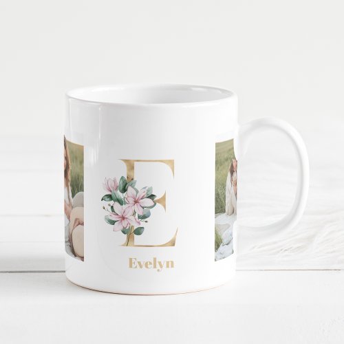 Modern Gold Letter E Flower  Two Photo Monogram  Coffee Mug