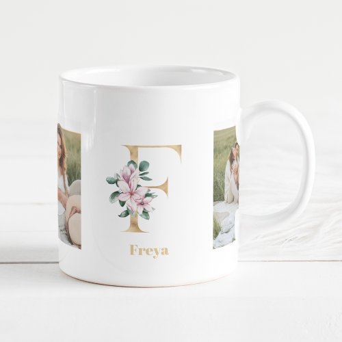 Modern Gold Letter F Flower  Two Photo Monogram   Coffee Mug