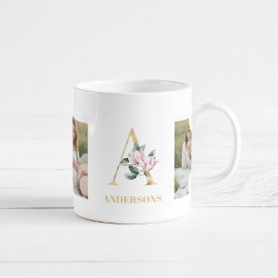 Modern Gold Letter Flowers Two Photo Monogram Coffee Mug