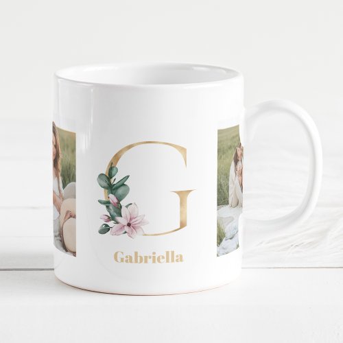 Modern Gold Letter G Flower  Two Photo Monogram  Coffee Mug