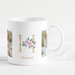 Modern Gold Letter H Flower Two Photo Monogram Coffee Mug
