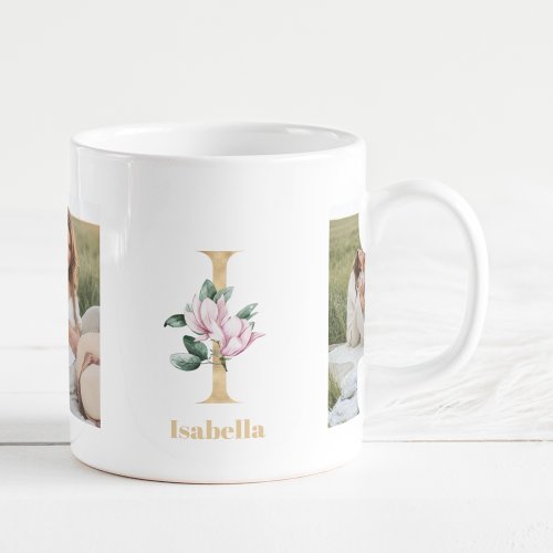 Modern Gold Letter I Flower  Two Photo Monogram  Coffee Mug