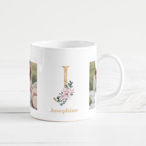 Modern Gold Letter J Flower  Two Photo Monogram Coffee Mug