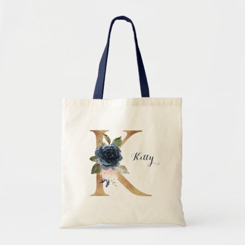 Modern Gold Letter K Floral Glitter Personalized Tote Bag