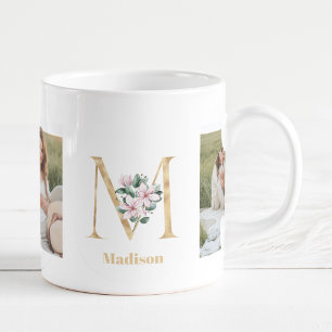 Modern Gold Letter M Flower Two Photo Monogram Coffee Mug