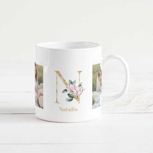 Modern Gold Letter N Flower  Two Photo Monogram  Coffee Mug