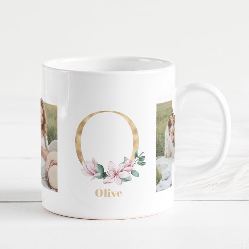 Modern Gold Letter O Flower  Two Photo Monogram  Coffee Mug