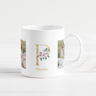 Modern Gold Letter P Flower Two Photo Monogram Coffee Mug