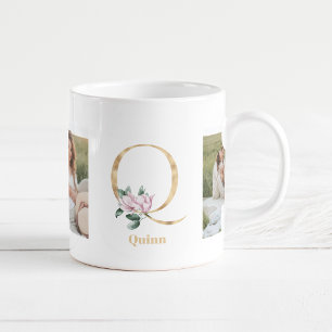 Modern Gold Letter Q Flower Two Photo Monogram Coffee Mug