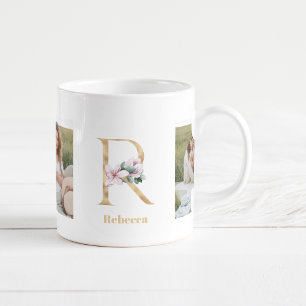 Modern Gold Letter R Flower Two Photo Monogram Coffee Mug