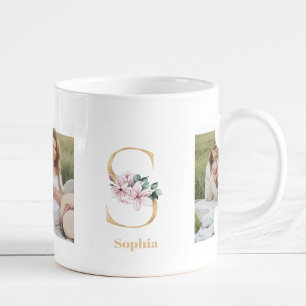 Modern Gold Letter S Flower Two Photo Monogram Coffee Mug