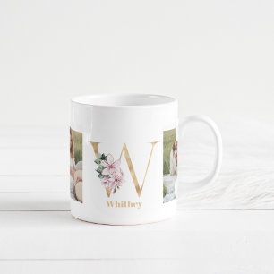 Modern Gold Letter W Flower Two Photo Monogram Coffee Mug