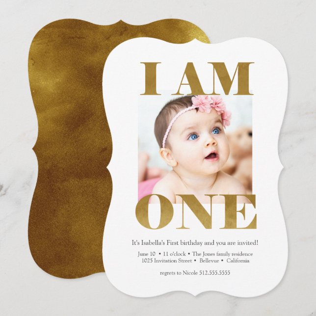 Modern Gold Lettering Photo 1st Birthday Invitation (Front/Back)
