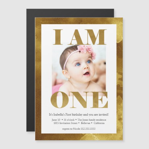 Modern Gold Lettering Photo 1st Birthday Magnetic Invitation