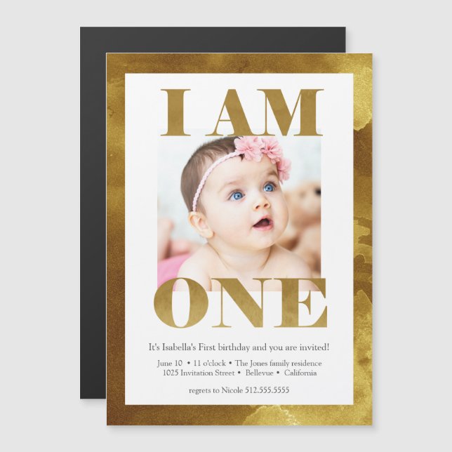 Modern Gold Lettering Photo 1st Birthday Magnetic Invitation (Front/Back)