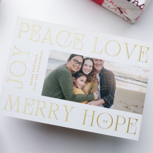 Modern Gold Letters MERRY JOY PEACE LOVE photo Foil Holiday Card