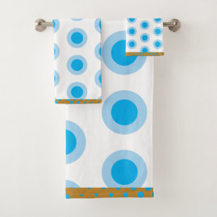 Modern Gold Light Blue White Circle Ring Pattern Bath Towel Set