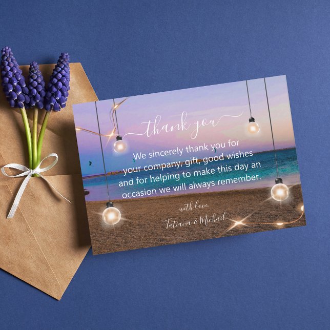 modern gold lights beach wedding thank you white  note card (Creator Uploaded)