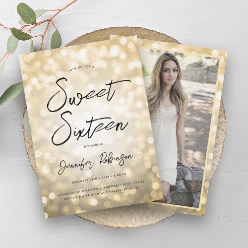 Modern Gold Lights Photo Sweet 16 Party Invitation
