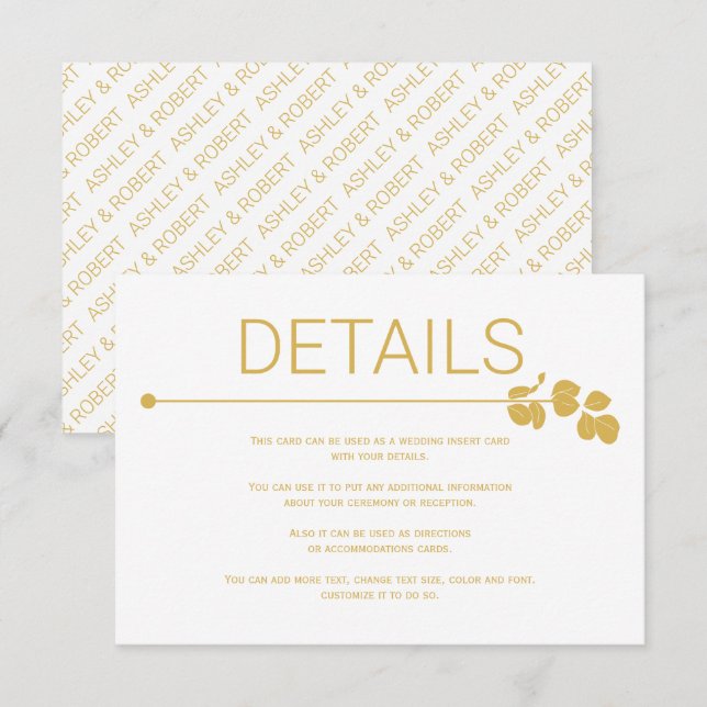 Modern gold line and branch with leaves wedding enclosure card (Front/Back)