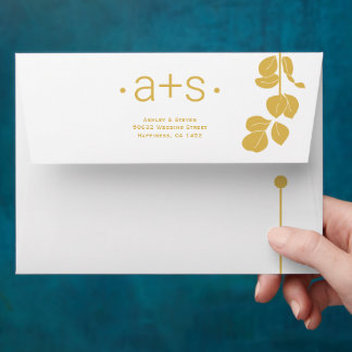 Modern gold line and branch with leaves wedding envelope