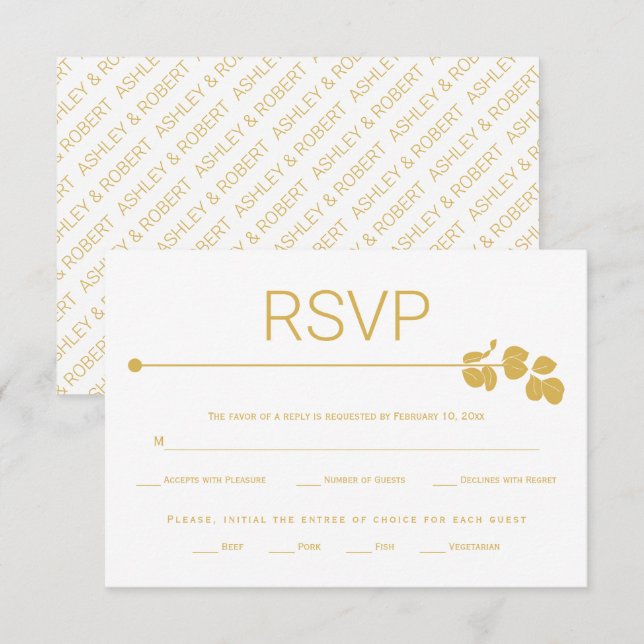Modern gold line and branch with leaves wedding RSVP card (Front/Back)