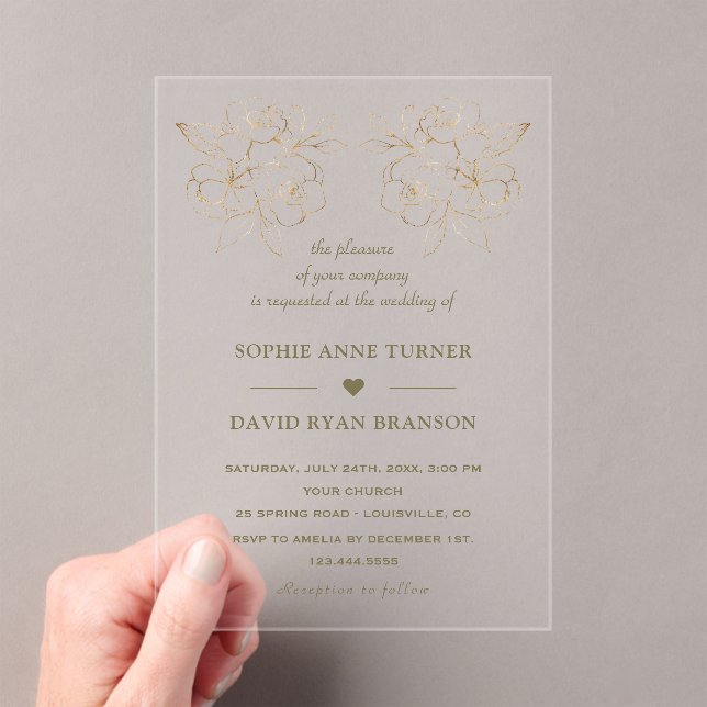 Modern Gold Line Art Flowers Wedding Transparent  Acrylic Invitations (Insitu (Handheld))