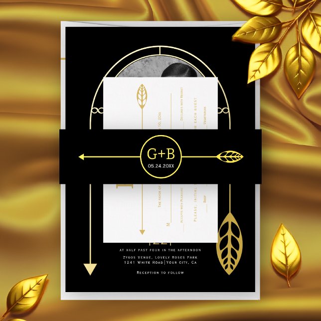 Modern gold line with leaf and arrow wedding invitation belly band (Creator Uploaded)