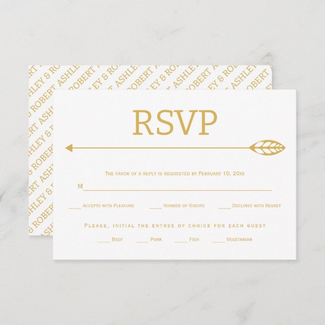 Modern gold line with leaf and arrow wedding RSVP card (Front/Back)