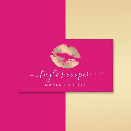 Modern gold lips hot pink makeup artist business card