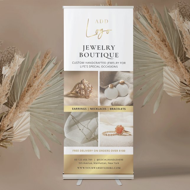 Modern Gold Logo Boutique Jewelry 4 Photos Promo Retractable Banner (Elegant promotional retractable photo banner in white and gold for your boutique )