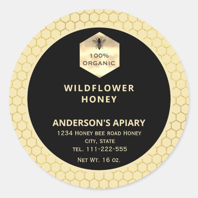 Modern gold logo honey bee honey jar classic round sticker (Front)