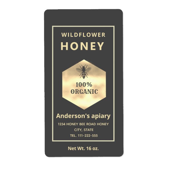 Modern gold logo honey bee honey jar label (Front)