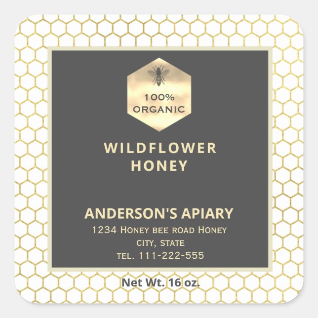 Modern gold logo honey bee honey jar square sticker (Front)