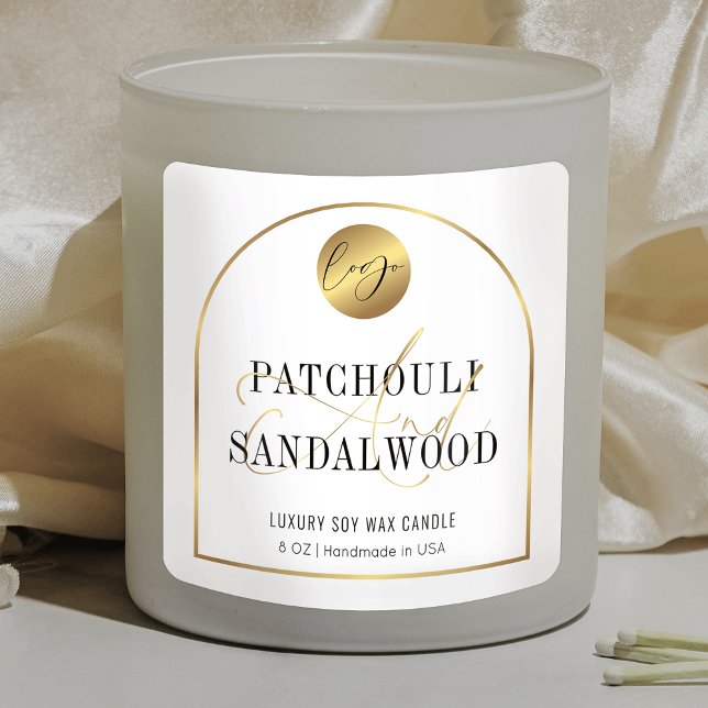 Modern Gold Logo Product Jar Soy Candles Label (Elegant white and gold logo square labels, great for candles, diffusers, scented wax melts and more)