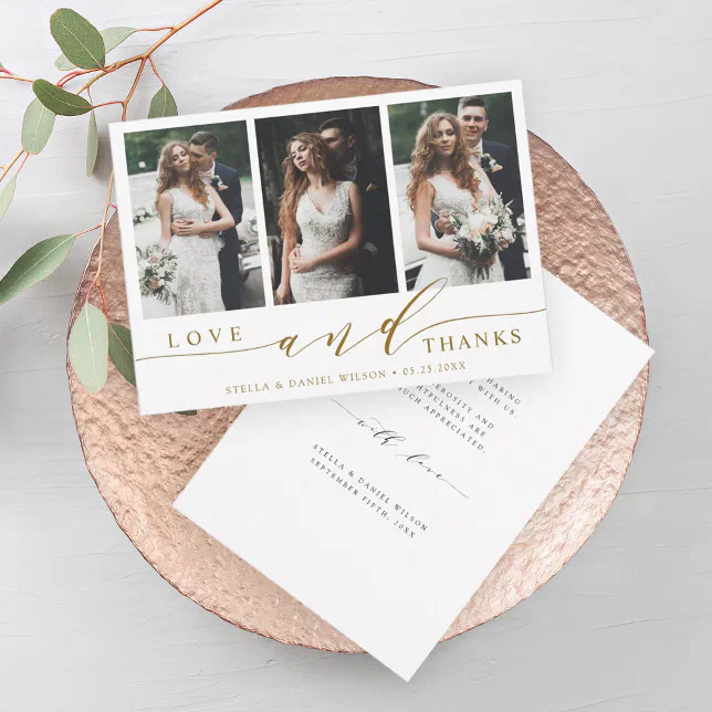 Modern Gold Love and Thanks 3 Photo Wedding Thank You Card | Zazzle