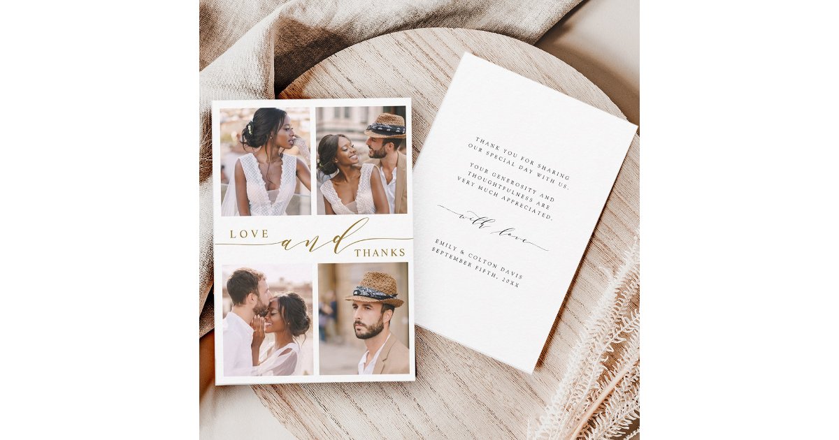 Modern Gold Love & Thanks 4 Photo Wedding Thank You Card | Zazzle