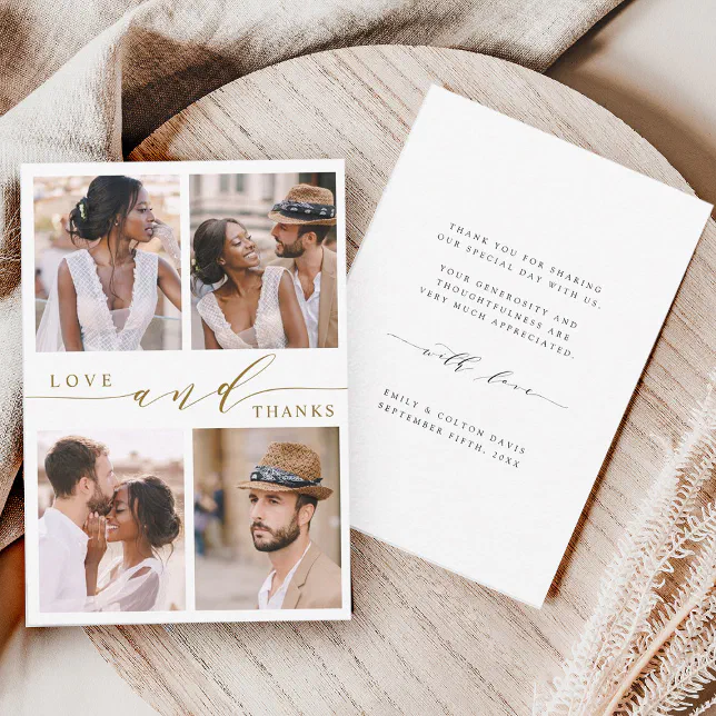 Modern Gold Love & Thanks 4 Photo Wedding Thank You Card | Zazzle