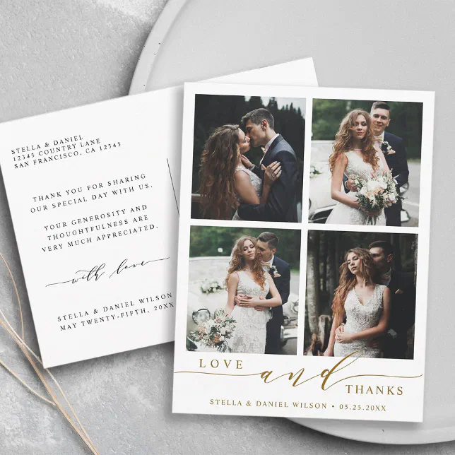 Modern Gold Love &Thanks 4 Photo Wedding Thank You Postcard | Zazzle